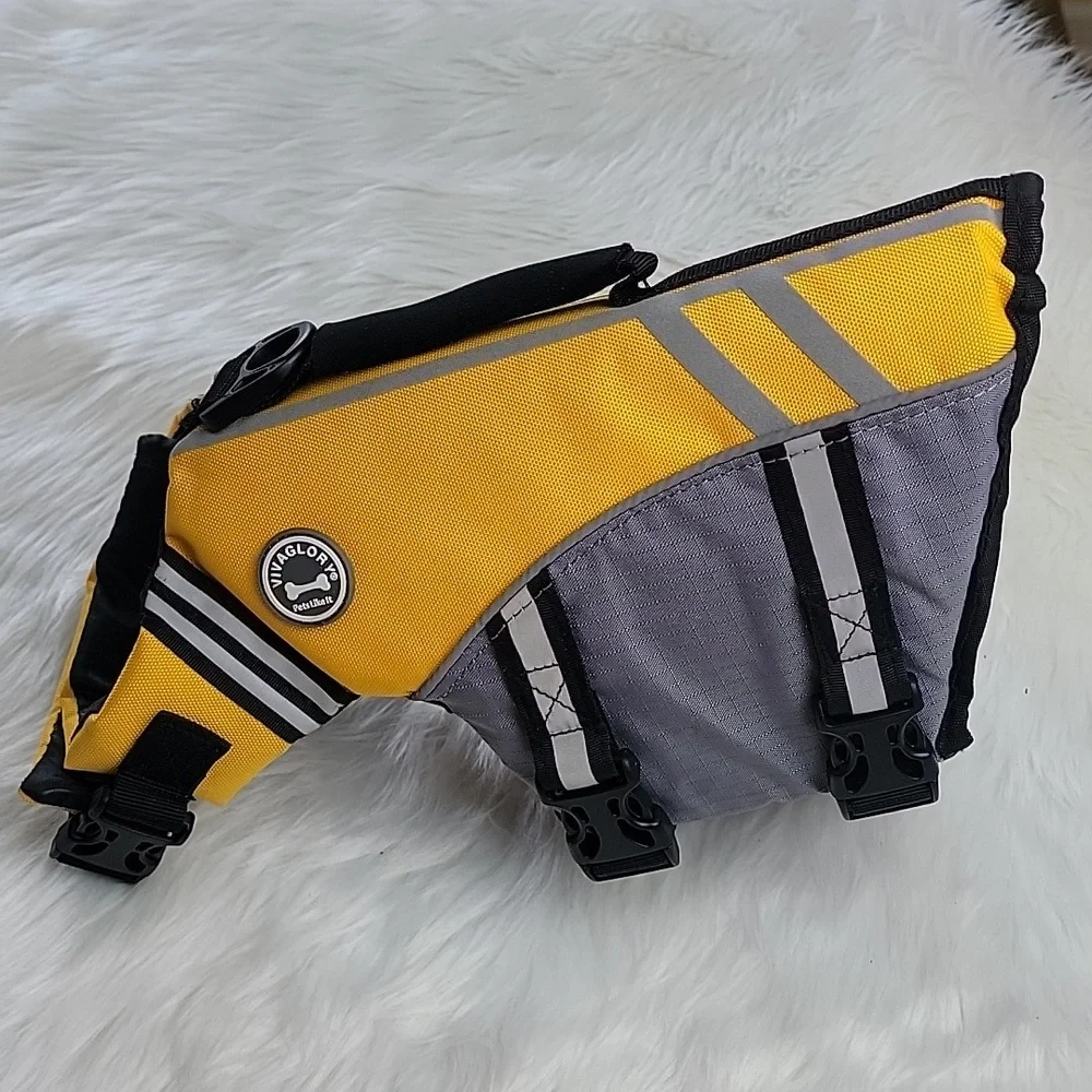 VIVAGLORY Sports Style Yellow Rescue Handle Dog‎ Life Jacket Water Safety Vest S